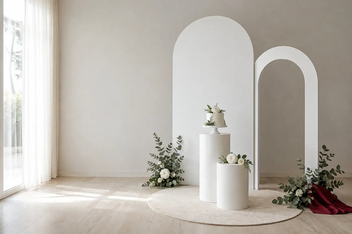 Allestimento completo per battesimo: pannello bianco arrotondato, arco, due cilindri con torta e tappeto tondo in una sala luminosa