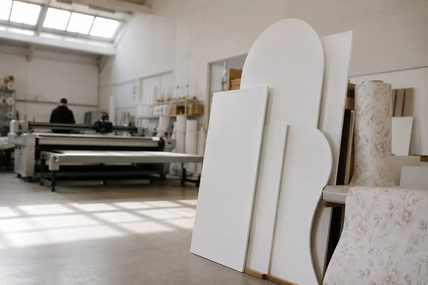 Pannelli in PVC bianco appena tagliati e un rotolo di carta stampata nel laboratorio, con il plotter da taglio sullo sfondo