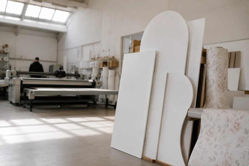 Pannelli in PVC bianco appena tagliati e un rotolo di carta stampata nel laboratorio, con il plotter da taglio sullo sfondo
