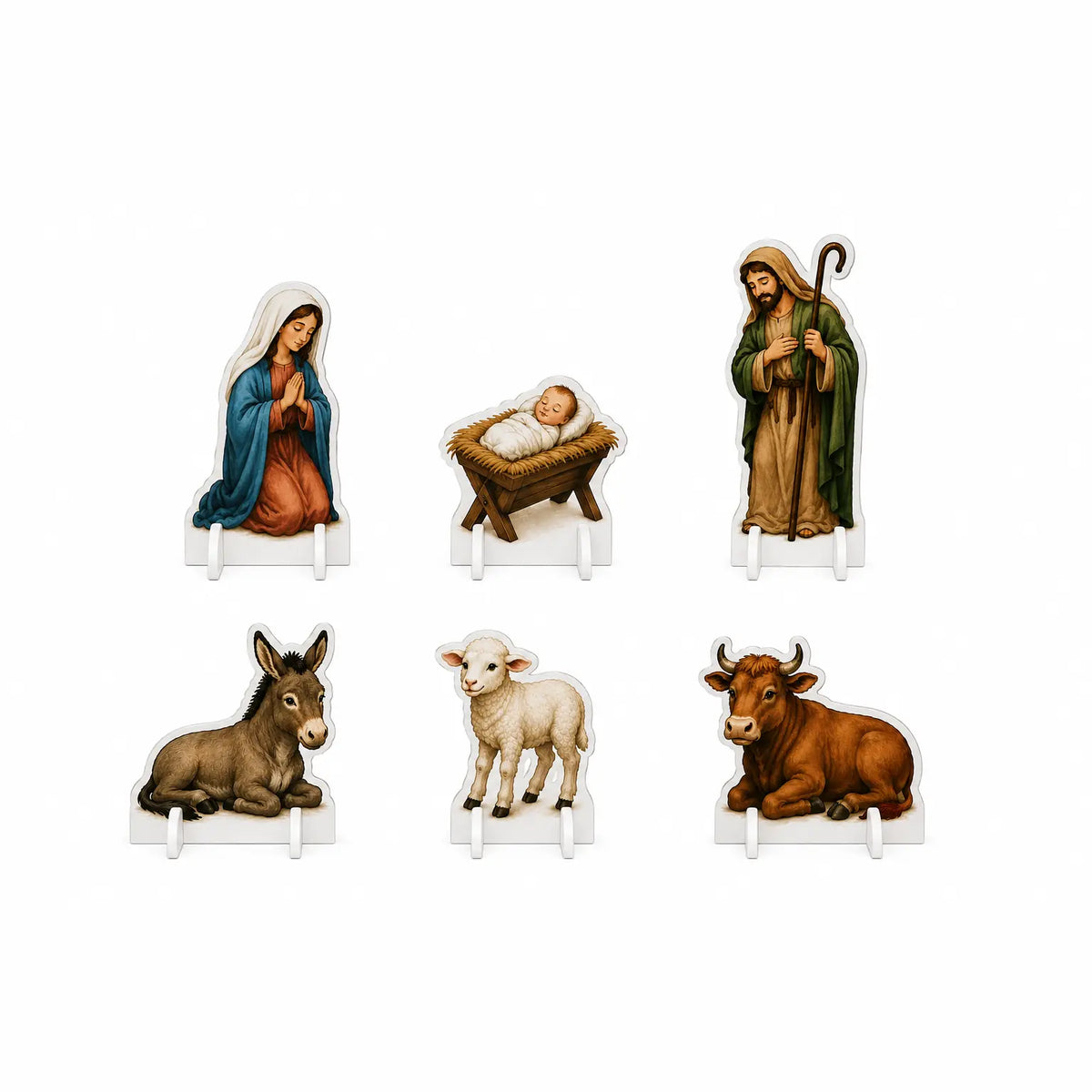 Presepe Classico SagoMax: Madonna, Gesù Bambino, San Giuseppe, bue, asinello e pecorella